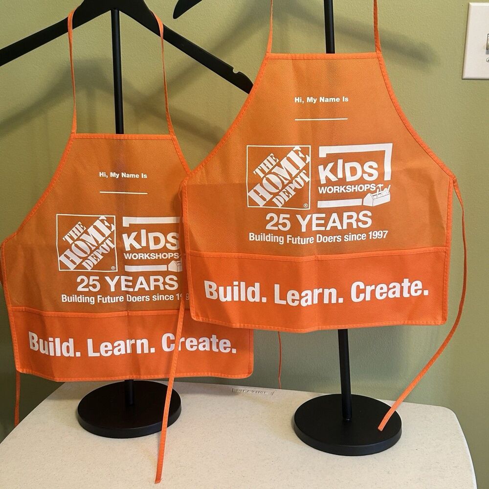 2 New Home Depot Apron Kid Workshop Build Learn Create Child Orange HD Craft Toy